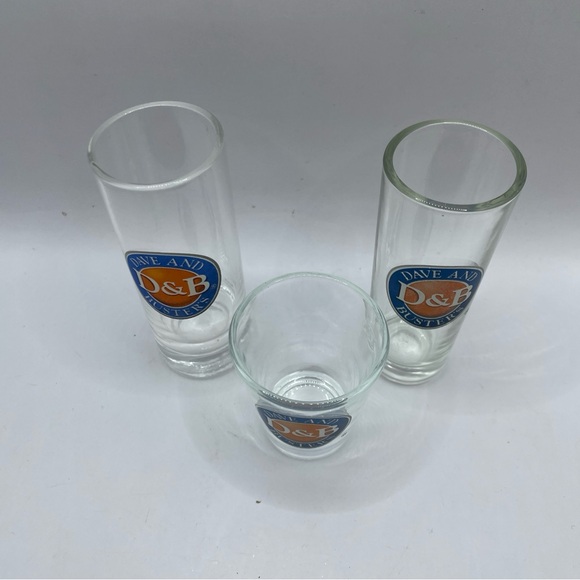3 Dave and Busters Shot Glasses D&B Two Tall Skinny One Regular All Different - Picture 2 of 11